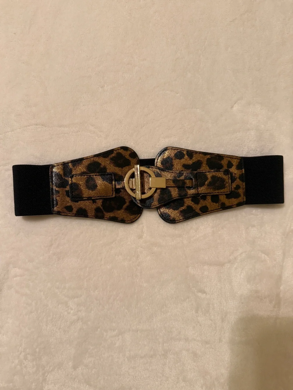 bebe Leopard Print Elastic Waist Belt with Gold Buckle